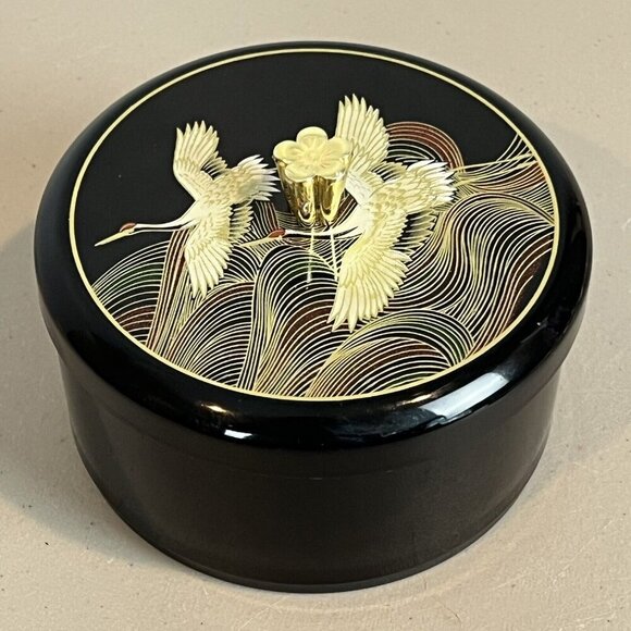 Vintage Japanese Round Trinket Powder Box Black Heron Birds - Picture 1 of 11